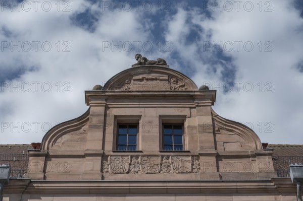 Gable of the Social Court, built in 1899 in the Neo-Renaissance style, Weintraubengasse 1, Nuremberg, Middle Franconia, Bavaria, Germany