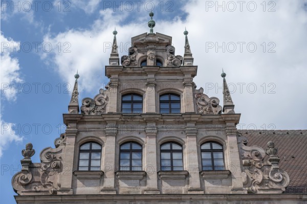 Gable of a former patrician house, mentioned in 1517, rebuilt in 1611 in the Italian Renaissance style, toy museum since 1971, Karlstr. 13, Nuremberg, Middle Franconia, Bavaria, Germany