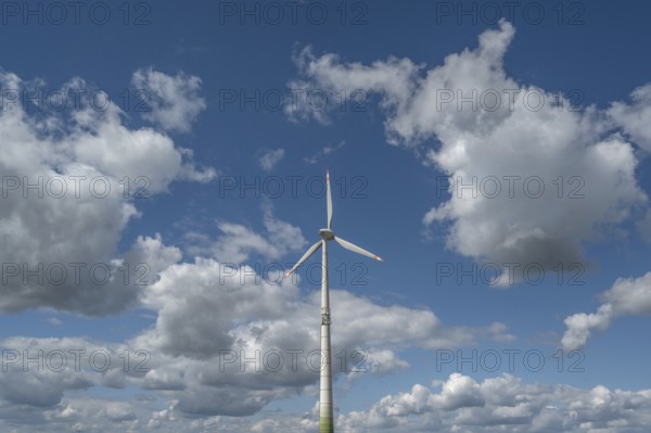 Wind turbine and cloudy sky, Karsberg, Upper Franconia, Bavaria, Germany