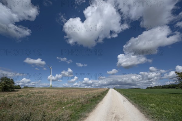 Franconian landscape with windmill and clouds, Upper Franconia, Bavaria, Germany