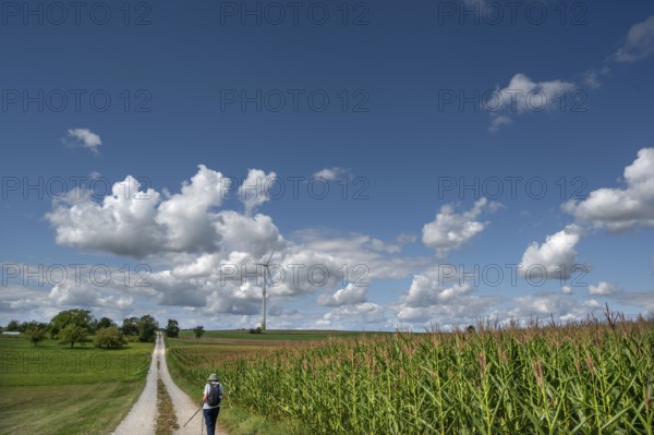 Hiker on a country lane in Franconian landscape, a windmill behind, cloudy sky, Karsberg, Upper Franconia, Bavaria, Germany