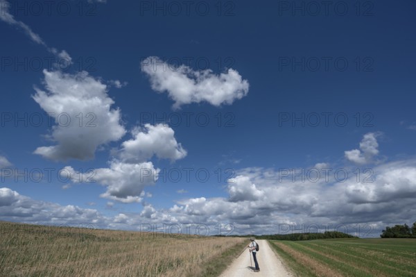 Hiker on a field path in Franconian landscape, cloudy sky, Karsberg, Upper Franconia, Bavaria, Germany