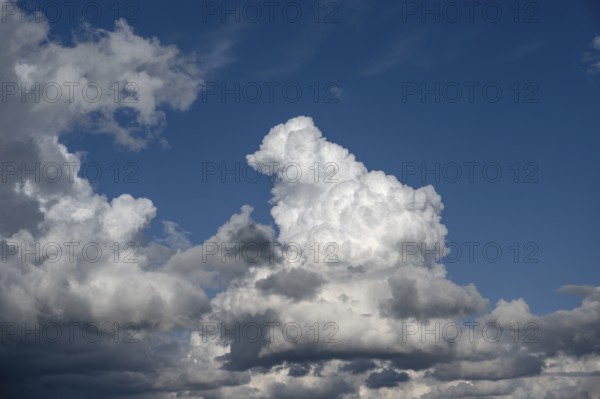 Cluster clouds (cumulus), rain clouds (nimbostratus) on the left, Bavaria, Germany