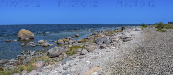 Stones on the shore of the island of Stora grundet on the northern tip of the Swedish Baltic Sea island of Öland, panoramic photo, Stora grundet, Öland, Sweden
