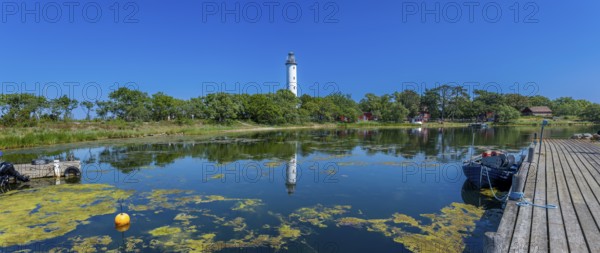 Lighthouse Lange Erik, Langer Erik, at the northern tip of the Swedish Baltic Sea island Öland located island Stora grundet, in front a jetty, panoramic photo, Stora grundet, Öland, Sweden