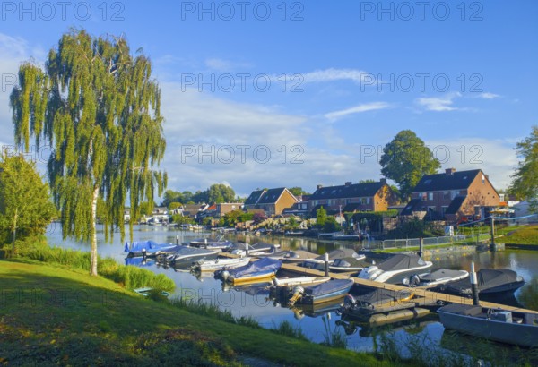 Small harbour with numerous boats on a sunny day, surrounded by trees and village houses, Alblasserdam, Rotterdam, South Holland, Netherlands