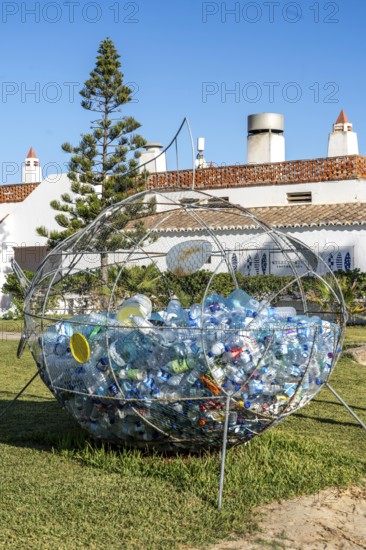 Collection containers for PET bottles, containers, plastic bottles, Portugal has no deposit system, but recycles heavily, tourists should dispose of their empty bottles here instead of on the beach or in rubbish bins, on Praia do Barril beach on the islands of Tavira, Praia da Ilha de Tavira, Algarve, Portugal