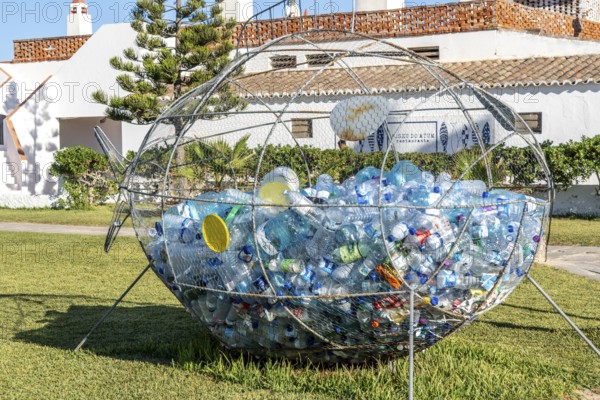 Collection containers for PET bottles, containers, plastic bottles, Portugal has no deposit system, but recycles heavily, tourists should dispose of their empty bottles here instead of on the beach or in rubbish bins, on Praia do Barril beach on the islands of Tavira, Praia da Ilha de Tavira, Algarve, Portugal