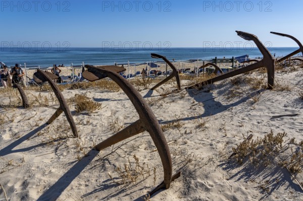 Cemitério das âncoras, anchor cemetery, around 250 iron anchors are placed here, they used to anchor a network of nets on the seabed to catch shoals of tuna travelling along the coast, a reminder of the Algarve's defunct tuna fishery, on Praia do Barril beach on the island of Tavira, Praia da Ilha de Tavira, Algarve, Portugal