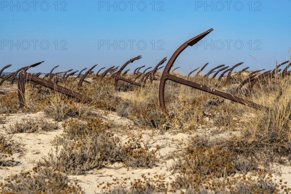 Cemitério das âncoras, anchor cemetery, around 250 iron anchors are placed here, they used to anchor a network of nets on the seabed to catch shoals of tuna travelling along the coast, a reminder of the Algarve's defunct tuna fishery, on Praia do Barril beach on the island of Tavira, Praia da Ilha de Tavira, Algarve, Portugal