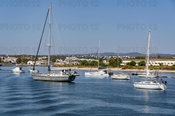 Sailboats anchored in the Gilão River, in front of the beach Praia da Ilha de Tavira, on the island off Tavira, Algarve, Portugal