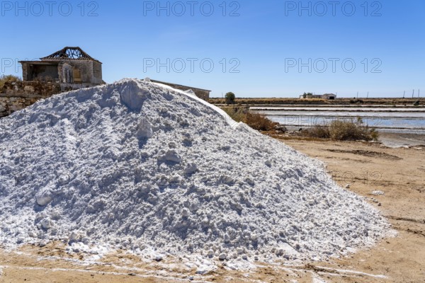 Salt extraction on the Algarve coast in Portugal, 95 per cent of Portuguese sea salt is extracted here, salt works near Tavira