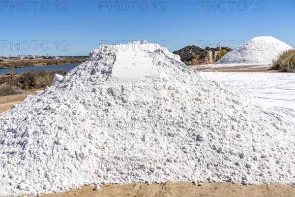 Salt extraction on the Algarve coast in Portugal, 95 per cent of Portuguese sea salt is extracted here, salt works near Tavira