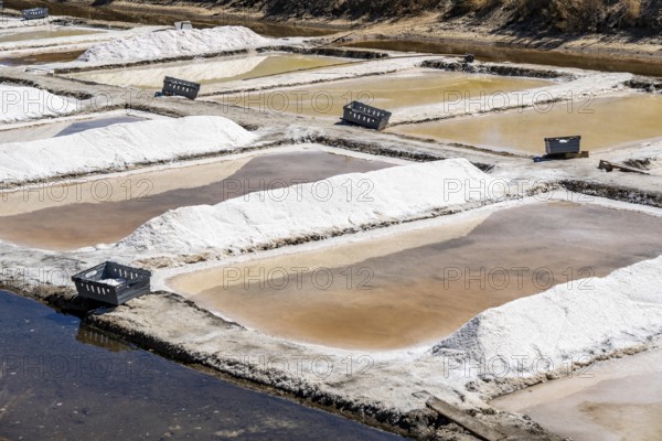 Salt production on the Algarve coast in Portugal, 95 per cent of Portuguese sea salt is extracted here, salt pans near Vila Real de Santo António, Flor de Sal production