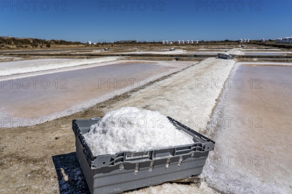 Salt production on the Algarve coast in Portugal, 95 per cent of Portuguese sea salt is extracted here, salt pans near Vila Real de Santo António, Flor de Sal production