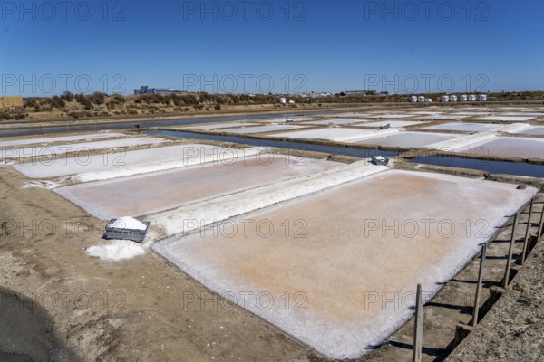 Salt production on the Algarve coast in Portugal, 95 per cent of Portuguese sea salt is extracted here, salt pans near Vila Real de Santo António, Flor de Sal production