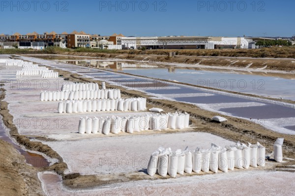 Salt extraction on the Algarve coast in Portugal, 95 per cent of Portuguese sea salt is extracted here, salt works near Tavira