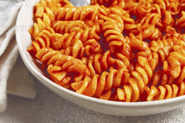 Fusilli pasta dish, made with tomato sauce, homemade, no people