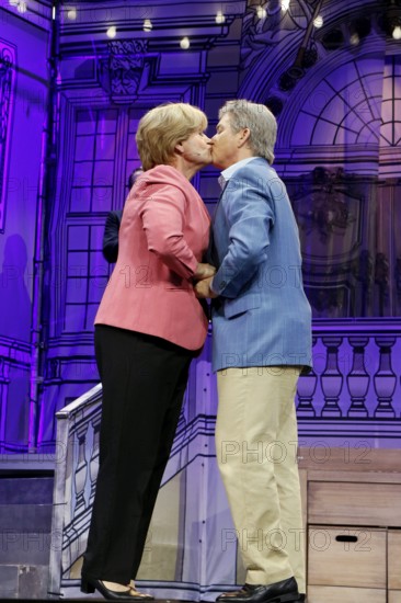 Christoph Marti (Merkel) and Tobias Bonn (Joachim Sauer) at the photo rehearsal for Miss Merkel - Murder in the Uckermark at the Komödie am Kudamm in the Ernst-Reuter-Saal in Berlin on 18 September 2025