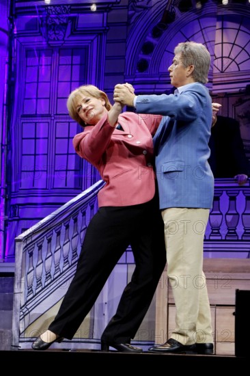 Christoph Marti (Merkel) and Tobias Bonn (Joachim Sauer) at the photo rehearsal for Miss Merkel - Murder in the Uckermark at the Komödie am Kudamm in the Ernst-Reuter-Saal in Berlin on 18 September 2025