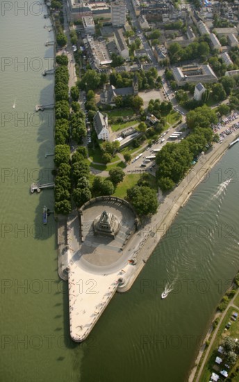 Aerial view, Rhine, Moselle, Deutsches Eck, with monument Kaiser Wilhelm, Koblenz, Rhineland-Palatinate, Germany, Europe Aerial view : Hans Blossey Flight date: 31.08.2008 copyright: hans@blossey.eu, Stadtplanung Stadtplanung Wirtschaft