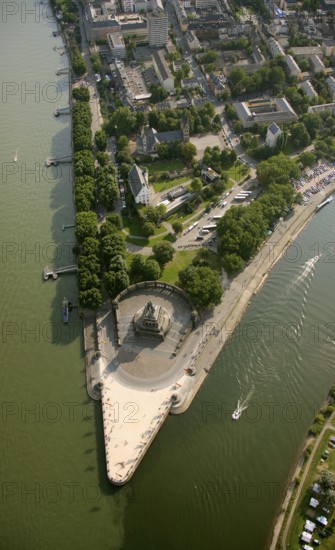 Aerial view, Rhine, Moselle, Deutsches Eck, with monument Kaiser Wilhelm, Koblenz, Rhineland-Palatinate, Germany, Europe Aerial view : Hans Blossey Flight date: 31.08.2008 copyright: hans@blossey.eu, Stadtplanung Stadtplanung Wirtschaft