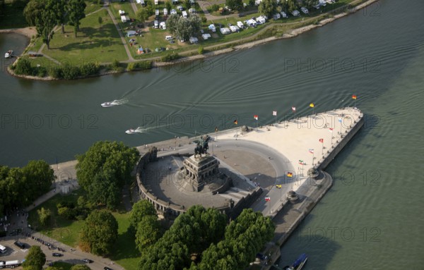 Aerial view, Rhine, Moselle, Deutsches Eck, with monument Kaiser Wilhelm, Koblenz, Rhineland-Palatinate, Germany, Europe Aerial view : Hans Blossey Flight date: 31.08.2008 copyright: hans@blossey.eu, Stadtplanung Stadtplanung Wirtschaft