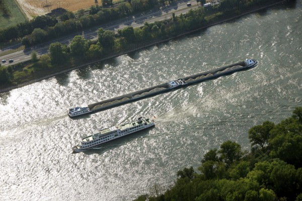 Aerial view, Rhine, cargo ship, inland navigation, passenger ship, excursion steamer, Koblenz, Rhineland-Palatinate, Germany, Europe Aerial view : Hans Blossey Flight date: 31.08.2008 copyright: hans@blossey.eu, Stadtplanung Stadtplanung Wirtschaft