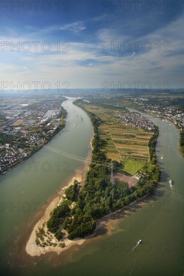 Aerial view, Rhine, Rhine island Niederwerth, Koblenz, Rhineland-Palatinate, Germany, Europe Aerial view : Hans Blossey Flight date: 31.08.2008 copyright: hans@blossey.eu, Stadtplanung Stadtplanung Wirtschaft
