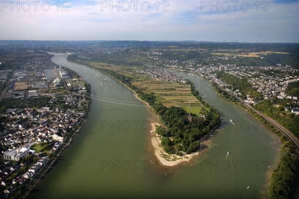 Aerial view, Rhine, Rhine island Niederwerth, Koblenz, Rhineland-Palatinate, Germany, Europe Aerial view : Hans Blossey Flight date: 31.08.2008 copyright: hans@blossey.eu, Stadtplanung Stadtplanung Wirtschaft