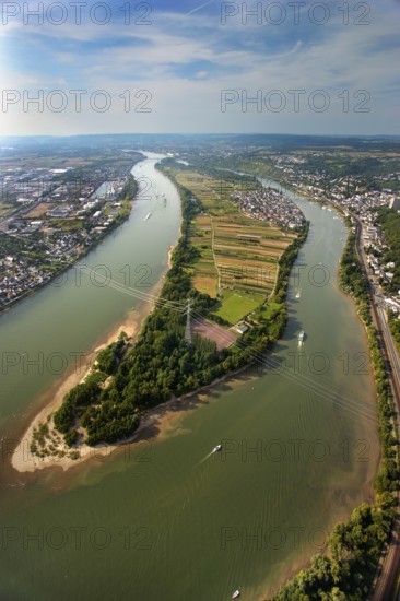Aerial view, Rhine, Rhine island Niederwerth, Koblenz, Rhineland-Palatinate, Germany, Europe Aerial view : Hans Blossey Flight date: 31.08.2008 copyright: hans@blossey.eu, Stadtplanung Stadtplanung Wirtschaft