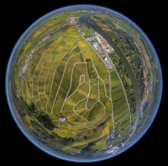 Aerial photo, wine-growing region Moselle Luxembourg, vineyards, Wellenstein, Saarland, Grevenmacher, Luxembourg, Europe, birds-eyes view, aerial photography, aerial photography, overview, bird's eye view, fisheye lens, fisheyelens