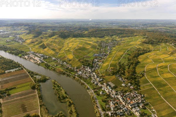 Aerial photo, wine-growing region Moselle Luxembourg, vineyards, Remich, Saarland, Grevenmacher, Luxembourg, Europe, birds-eyes view, aerial photography, aerial photography, overview, overview, bird's eye view