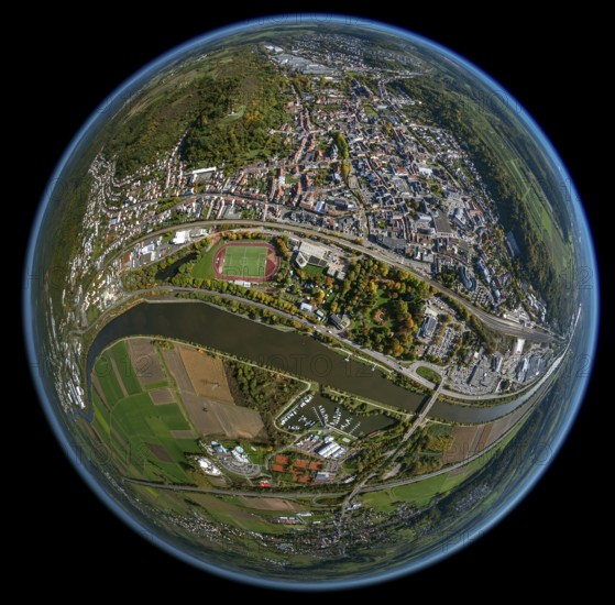 Aerial photo, Merzig, Saar, Saarland, Germany, Europe, birds-eyes view, aerial photography, aerial photography, overview, bird's eye view, fisheye lens, fisheyelens