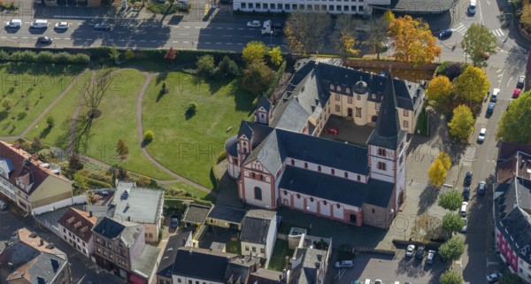 Aerial view, Church of St Peter, late Romanesque basilica with three naves, Merzig, Saarland, Germany, Europe, birds-eyes view, aerial photography, aerial photography, overview, bird's eye view