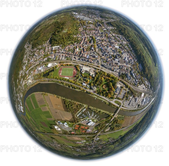 Aerial photo, Merzig, Saar, Saarland, Germany, Europe, birds-eyes view, aerial photography, aerial photography, overview, bird's eye view, fisheye lens, fisheyelens