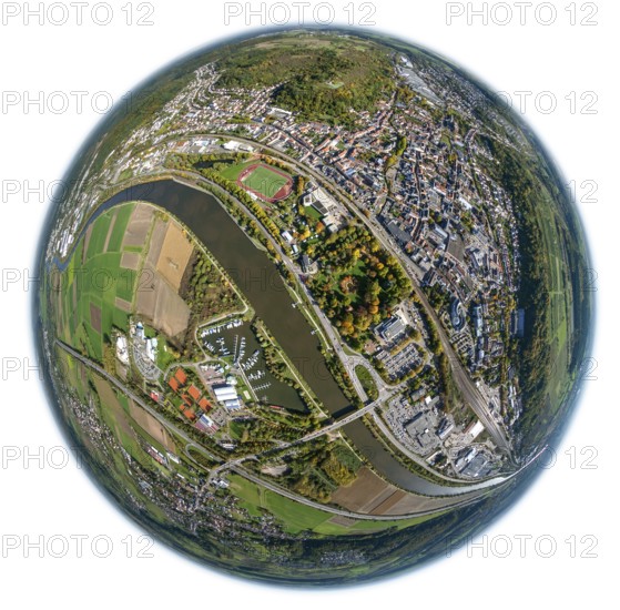 Aerial photo, Merzig, Saar, Saarland, Germany, Europe, birds-eyes view, aerial photography, aerial photography, overview, bird's eye view, fisheye lens, fisheyelens