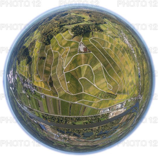Aerial photo, wine-growing region Moselle Luxembourg, vineyards, Wellenstein, Saarland, Grevenmacher, Luxembourg, Europe, birds-eyes view, aerial photography, aerial photography, overview, bird's eye view, fisheye lens, fisheyelens