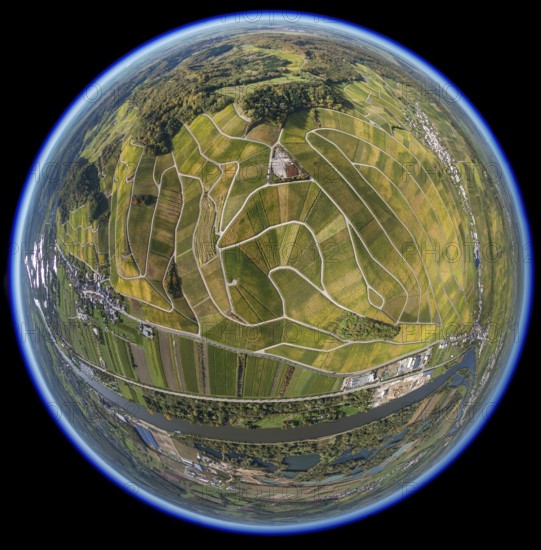 Aerial photo, wine-growing region Moselle Luxembourg, vineyards, Wellenstein, Saarland, Grevenmacher, Luxembourg, Europe, birds-eyes view, aerial photography, aerial photography, overview, bird's eye view, fisheye lens, fisheyelens
