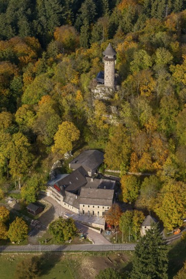 Aerial view, Wildenburg castle ruins in the Wildenburg nature reserve near Kempfeld in the Idarwald mountain range in the Hunsrück, Kempfeld, Saarland, Rhineland-Palatinate, Germany, Europe, birds-eyes view, aerial view, aerial photography, aerial photography, overview, bird's eye view