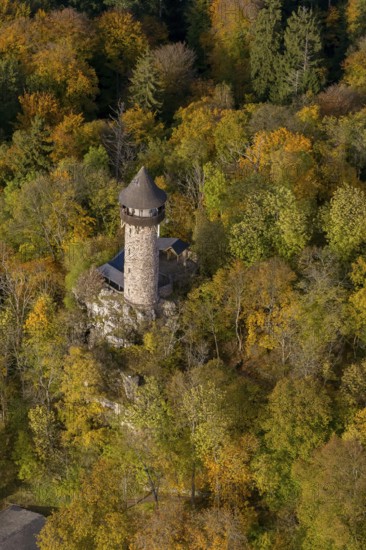 Aerial view, Wildenburg castle ruins in the Wildenburg nature reserve near Kempfeld in the Idarwald mountain range in the Hunsrück, Kempfeld, Saarland, Rhineland-Palatinate, Germany, Europe, birds-eyes view, aerial view, aerial photography, aerial photography, overview, bird's eye view