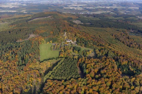 Aerial view, Wildenburg castle ruins in the Wildenburg nature reserve near Kempfeld in the Idarwald mountain range in the Hunsrück, Kempfeld, Saarland, Rhineland-Palatinate, Germany, Europe, birds-eyes view, aerial view, aerial photography, aerial photography, overview, bird's eye view