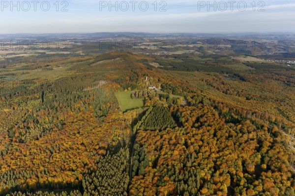 Aerial view, Wildenburg castle ruins in the Wildenburg nature reserve near Kempfeld in the Idarwald mountain range in the Hunsrück, Kempfeld, Saarland, Rhineland-Palatinate, Germany, Europe, birds-eyes view, aerial view, aerial photography, aerial photography, overview, bird's eye view