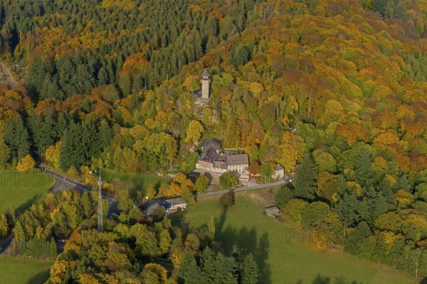 Aerial view, Wildenburg castle ruins in the Wildenburg nature reserve near Kempfeld in the Idarwald mountain range in the Hunsrück, Kempfeld, Saarland, Rhineland-Palatinate, Germany, Europe, birds-eyes view, aerial view, aerial photography, aerial photography, overview, bird's eye view