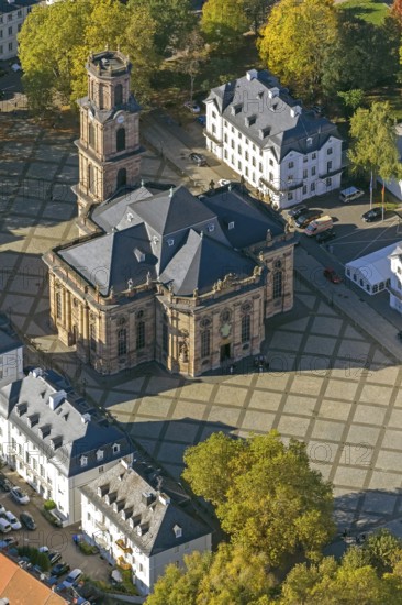 Baroque Ludwigskirche, Ludwigsplatz, Saarbrücken, Saarland, Germany, Europe, aerial view, birds-eyes view, aerial photograph, aerial photography, aerial photography, overview, bird's eye view, state capital