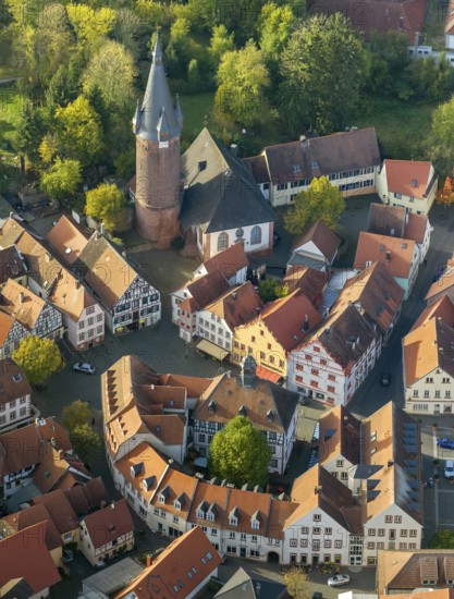 Old Town with half-timbered houses, Old Tower, Ottweiler, Saarland, Germany, Europe, aerial view, birds-eyes view, aerial photography, aerial photography, overview, bird's eye view