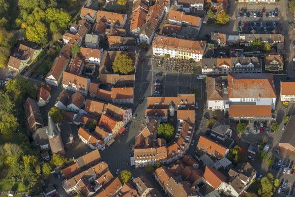 Old Town with half-timbered houses, Old Tower, Ottweiler, Saarland, Germany, Europe, aerial view, birds-eyes view, aerial photography, aerial photography, overview, bird's eye view