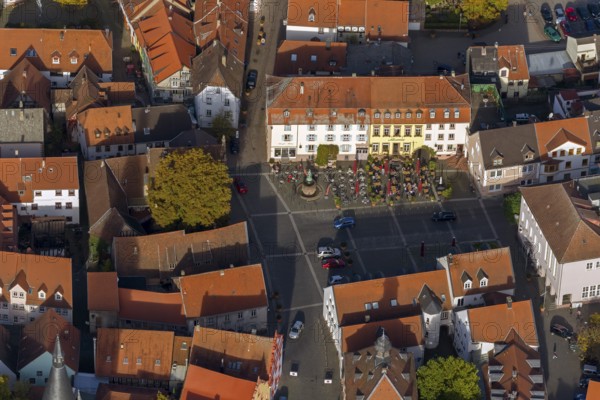 Old town with half-timbered houses, gastronomy, outdoor gastronomy, market place, Ottweiler, Saarland, Germany, Europe, aerial view, birds-eyes view, aerial photography, aerial photography, overview, overview, bird's eye view