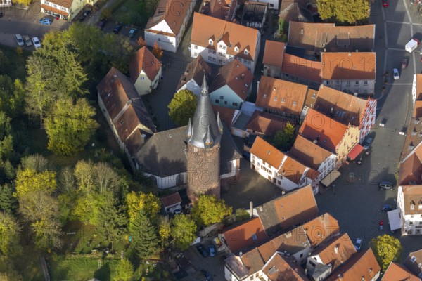 Old Town with half-timbered houses, Old Tower, Ottweiler, Saarland, Germany, Europe, aerial view, birds-eyes view, aerial photography, aerial photography, overview, bird's eye view