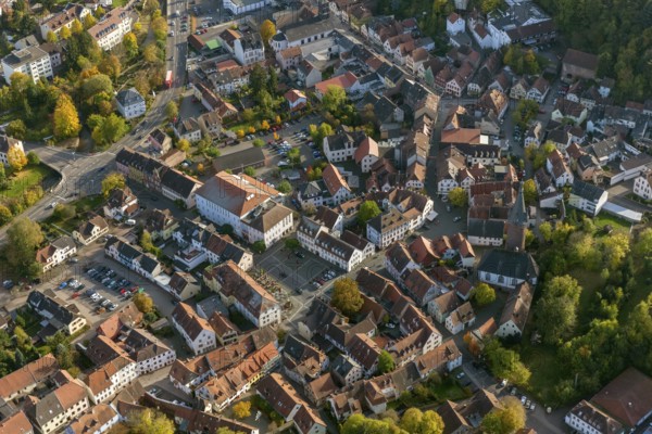 Old Town with half-timbered houses, Old Tower, Ottweiler, Saarland, Germany, Europe, aerial view, birds-eyes view, aerial photography, aerial photography, overview, bird's eye view